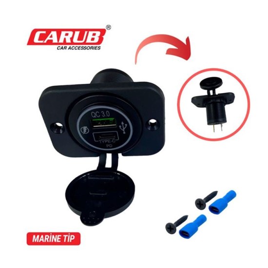 ÇAKMAK SOKETİ MARİNE TİP KAPAKLI 2Lİ TYPE-C+USB 9-30V 1700814