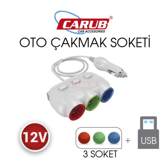 ÇAKMAK SOKETİ KABLOLU 3LÜ USBLİ ANAHTARLI + IŞIKLI 1702102